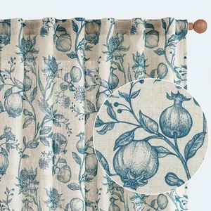 Linen Curtains Floral Curtain for Living Room 84 Inch Long Blue French Rod Po... - Picture 1 of 7