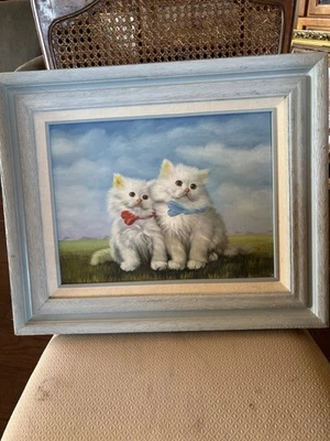 Pintura al óleo sobre lienzo persa vintage de 2 gatitos enmarcada Foto 1 de 2