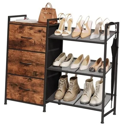  Zapatero, Organizador de Zapatos de 3 Niveles con 3 Cajones, Zapato de Metal Estampado de Grano de Madera Foto 1 de 4