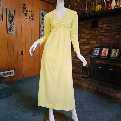 Vtg 70s Lemon Yellow Deep V Soul Train Volup Maxi Disco Party Empire Dress M/L - Image 1 of 4