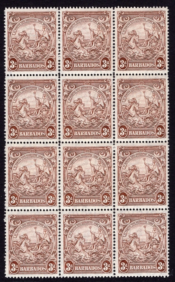 BARBADOS 1938-47 3D CON LÍNEA SOBRE CABEZA DE CABALLO VARIEDAD EN PERFUME BLOQUE DE DOCE Foto 1 de 1
