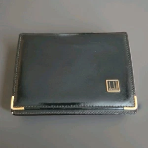 Vintage Dunhill Kartenetui schwarz Leder mit Goldakzenten Geldbörse Ausweis Sichtfenster - Bild 1 von 12