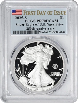 American Silver Eagle 2025-S US Navy Privy 250 aniversario PR69DCAM FDOI PCGS Foto 1 de 2
