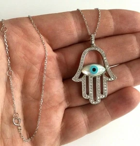 925 STERLING SILVER HAMSA EYE NECKLACE 18” / FATIMA HAND EVIL EYE NECKLACE #2 - Picture 1 of 7