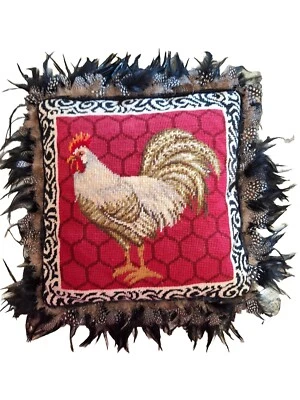 123 Creations Rooster Pillow  Feather Trim 14x14 Needlepoint  French Luxury - Image 1 of 4