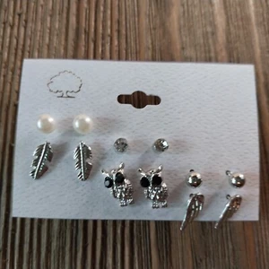 Owls Feathers Angel Wings Rhinestone Silver Tone Earrings Jewelry Set Of 6 - Picture 1 of 6