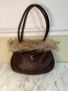 BERGE’ Leather & Fur Purse Brown Made in Italy - Picture 1 of 6