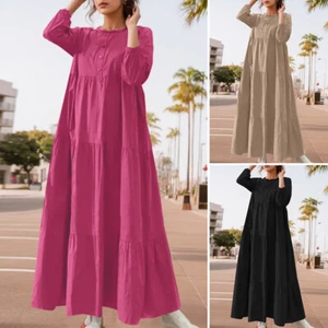 ZANZEA Womens O-Neck Button Long Sleeve Casual Loose Layered Long Dress Kaftan - Picture 1 of 15