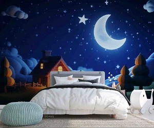 3D Moon Starry Sky Night Cartoon Self-adhesive Removeable Wallpaper Wall Mural - Picture 1 of 10