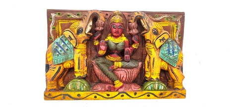 Hindu Goddess Lakshmi with two Elephants Temple Art Work Vintage Wooden Panel Cover