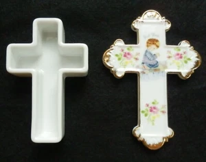 Cross Shaped Porcelain Trinket Box Rosary Keeper God Bless Kneeling Child Japan - Picture 1 of 24