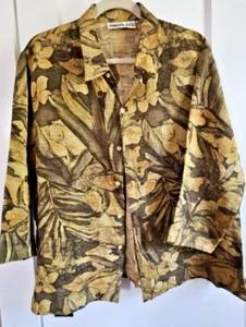 CHICO'S DESIGN silk Linen blend button down floral Brown green sz 3 - Picture 1 of 9