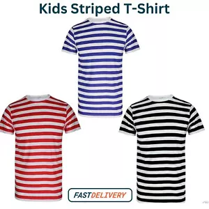Boys Black Blue & Red Striped Shirt Short Sleeve Kids Causal Fancy Dress T-Shirt - Picture 1 of 7