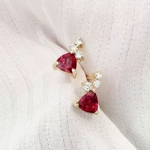 10K Yellow Gold Trillion Ruby & CVD Lab-Created Diamond Stud Wedding Earrings - Picture 1 of 7