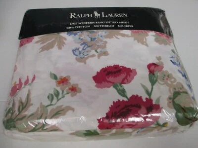 Простыня на резинке Ralph Lauren SOUTHAMPTON белая красная оранжевая зеленая с цветочным рисунком - Cal King - Изображение 1 из 4