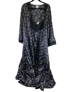 Amoureuse Satin Nightgown And Robe Set Black Purple Floral Lace Trim Womens 1X - Picture 1 of 16