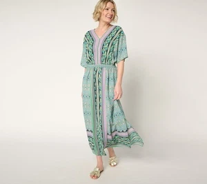 Belle by Kim Gravel Boho Petite Lotus Sunrise Border Maxikleid Grün Kombi L Ne - Bild 1 von 1