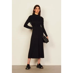Vestido largo Sandro tejido lana negro manga larga con flecos, talla FR 38/US 6 - Imagen 1 de 11