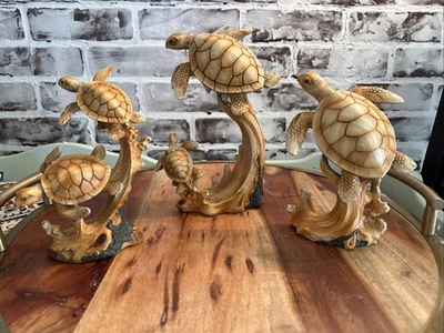 Juego de 3 piezas de estatuilla de mesa de tortuga marina con aspecto de madera de resina Foto 1 de 4