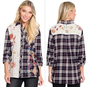 John Mark Womens Embroidered Button Front Shirt Top Size M Floral Plaid NWT - Picture 1 of 16