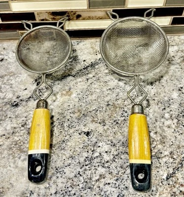 2 Vintage Ekco Strainers Chrome Plated w/ Black & Brown Wood Handle A&J 2 Sizes - Image 1 of 3