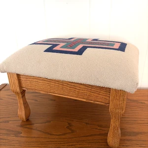 VIntage Oak Footstool with Hidden Storage and Needlepoint Top 18x15x12" - Picture 1 of 7
