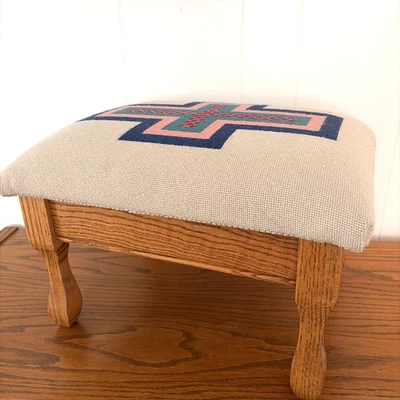 VIntage Oak Footstool with Hidden Storage and Needlepoint Top 18x15x12" - Image 1 of 4