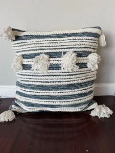Blue & White Accent Pillows w/Hand Tied Tassels Pom Poms & Fringe - Picture 1 of 4