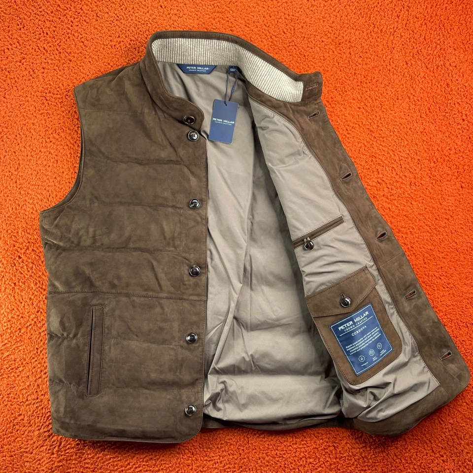 PETER MILLAR Men LARGE Cordova Suede Lamb Wool Cashmere Puffer Vest Brown $1495 - Image 1 of 4
