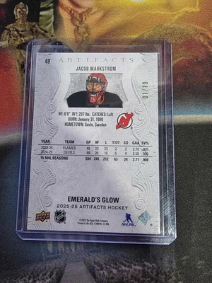 2025-26 UD Artifacts Jacob Markstrom EMERALD'S GLOW #01/10 NEW JERSEY DEVILS - Image 1 of 2