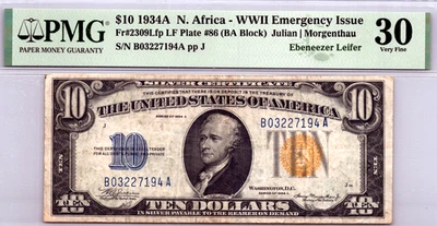 1934-A $10 "NORTH AFRICA" WWII PMG 30 VF Fr. 2309Lfp LF Plate #86 - Image 1 of 3