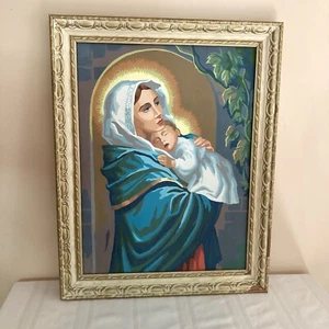 Vintage PBN Paint By Number Mother Mary Baby Jesus Religious 22" x 27" Framed - Picture 1 of 4