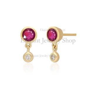 New Bezel Set Ruby Diamond Drop Stud Earrings 14k Yellow Gold Minimalist Jewelry - Picture 1 of 4