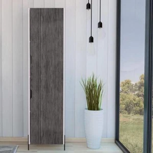 White Display Storage Cabinet Cupboard with 4 Shelves and Grey Oak Effect Door - Picture 1 of 2