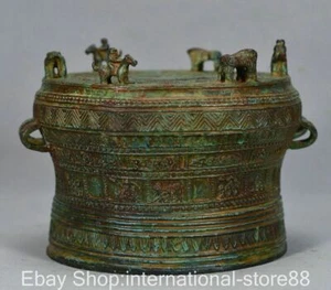 6.8" Dinastía Han China Bronce Artículos Caza Bestia Animal Patrón Estatua Tambor - Imagen 1 de 9