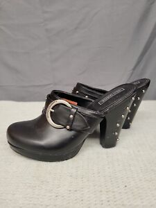 Harley Davidson Mule Clogg Style Heels Studded Black Silver Buckle Womens Size 6