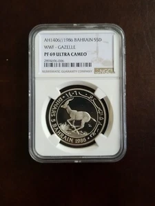 1986 BAHRAIN SILVER 5 DINARS WWF COIN NGC PF 69 ULTRA CAMEO BEAUTIFUL!!! - Picture 1 of 5