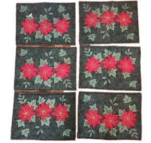 6 Embroidered Christmas Placemats Red Green Poinsettia Dining Holiday Decor - Picture 1 of 12