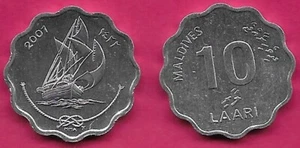 MALDIVES ISLANDS 10 LAARI 2001 UNC MALDIVIAN SAILING SHIP-ODI,SCALLOPED COIN,Obv - Picture 1 of 1