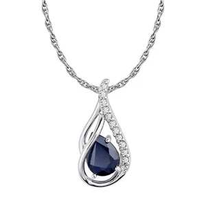 10k White Gold Genuine Pear-shape Sapphire & Diamond Halo Drop Pendant Necklace - Picture 1 of 5