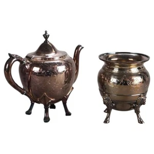 Zweiteiliges antikes versilbertes Teeservice mit Fuß & Figur um 1890 - Bild 1 von 6