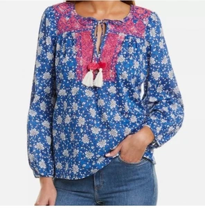 J Crew XXL Starina Embroidered Peasant Blouse Top Long Sleeve Floral Tassels - Picture 1 of 11