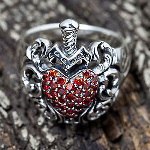 BAGUE DE MARIAGE GOTHIQUE FEMME AMOUR COEUR ROUGE ARGENT STERLING 925 BIJOUX PUNK