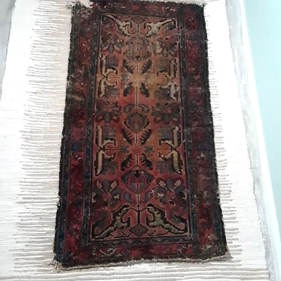 Floor Doormat Wool Turkey Area Rug 2.5 x 4.5 ft Vintage Distressed Pink Red Blue - Image 1 of 4