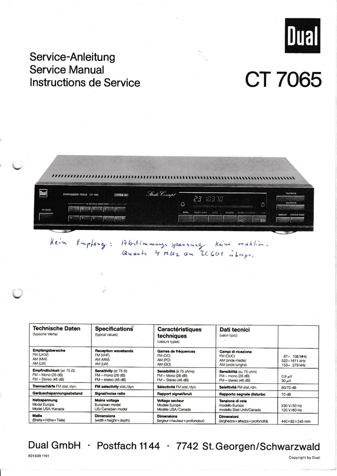Service Manual Guide For Dual CT 7065 - Image 1 of 1
