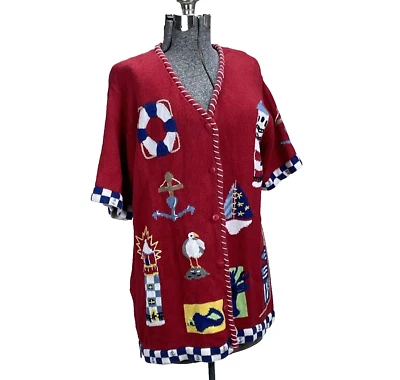Quacker Factory Nautical Seaside Sweater Lighthouse Size Medium Red Short Sleeve - Image 1 of 4