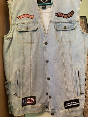 Men’s XL denim biker vest Diamond Plate Live To Ride, Laced Sides - G38 - Image 1 of 4