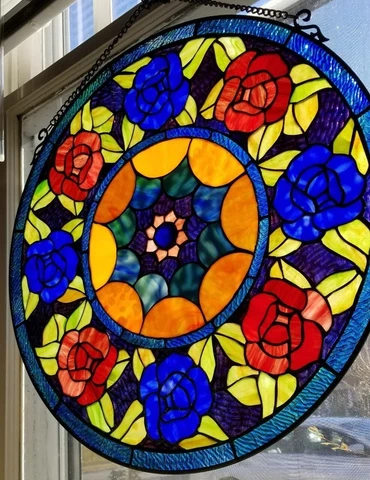22x22 Victorian Round Ros Tiffany style stained glass window panel Cover