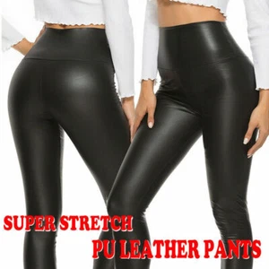 Faux PU Leather Skinny Pants High Waist Push Up Butt Lift Stretch Legging Black - Picture 1 of 8