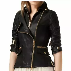 Black Motorcycle Jacket For Women Real Leather Biker Jacket- Gold Zippers & Accs - Picture 1 of 9